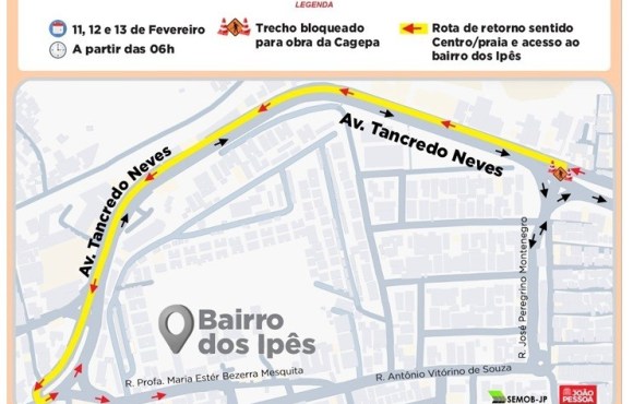 Avenida Tancredo Neves, em João Pessoa, será interditada para obra a partir desta terça (11)